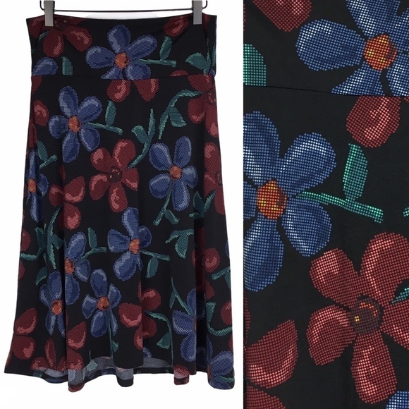 LULAROE Azure Skirt Floral Dot Pixel Digital Boho Knee Length Black Size Medium - Picture 1 of 10